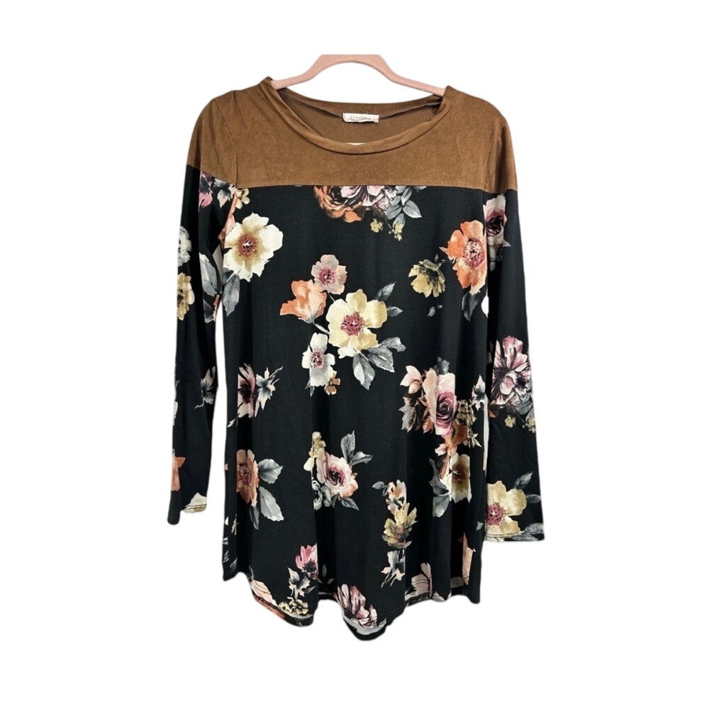 Reborn J Mixed‎ Media Tunic L Floral Faux Suede Cottage Modest Southwestern Boho